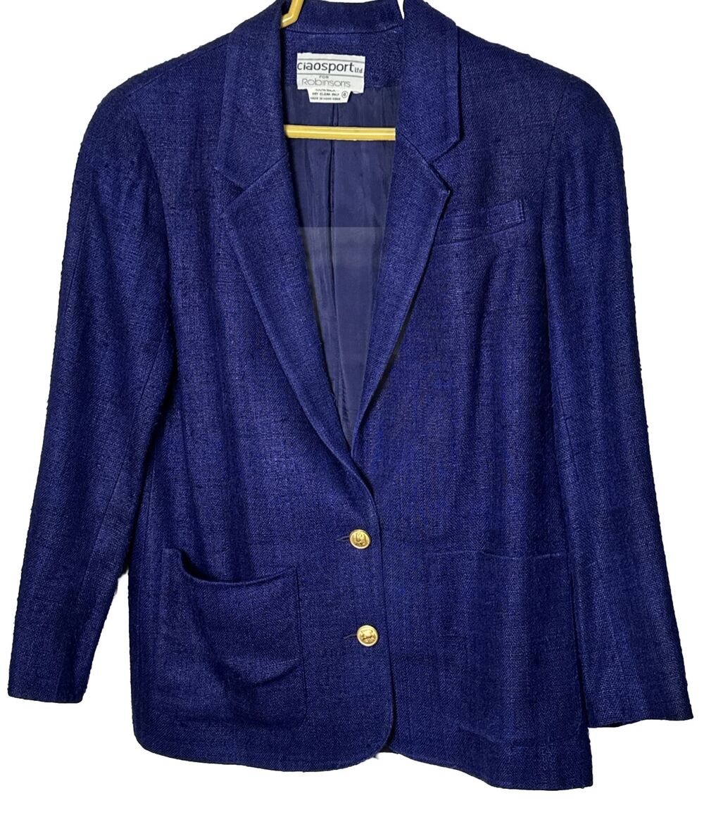Vintage Ciaosport Ltd. For Robinsons Women’s Blue Blazer 100% Silk Size 4 # 863
